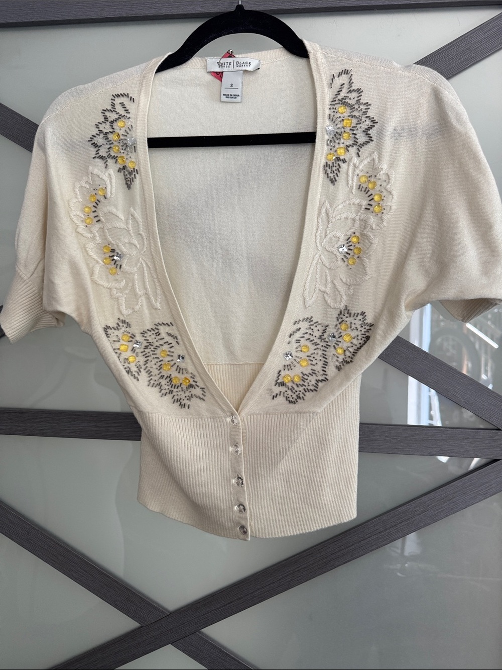 White House Black Market Cream Embellished Short Sleeve Cardigan